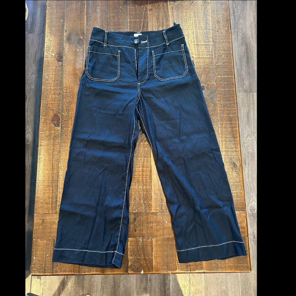 Anthropologie Maeve Colette Contrast-Stitch Linen Crop Pants  sz 29 Navy